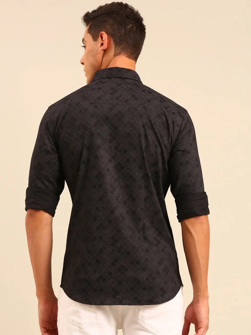 Joven Black Printed Cotton Lycra Full Sleeve Shirt for Men